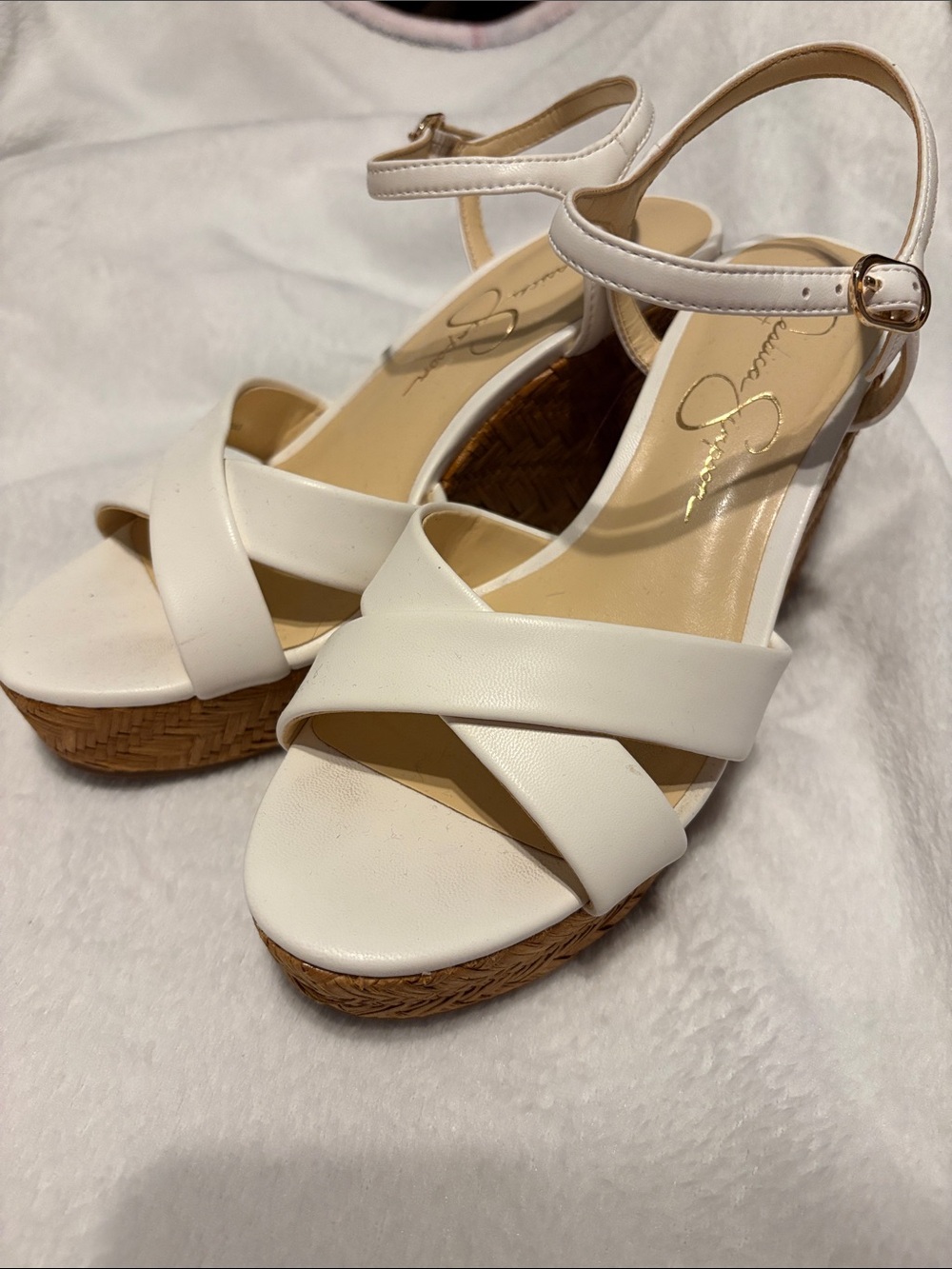 Jessica Simpson White Crisscross Ankle-Strap Wedge Sandals